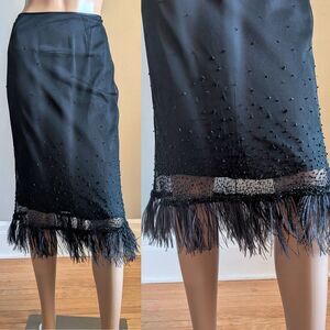 Vintage Y2K Tahari Black Mesh Skirt Beaded Feathers Midi Whimsygoth Size 10
